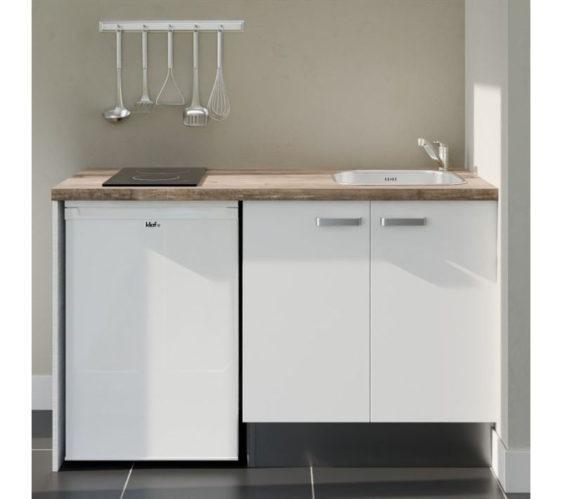 Kitchenette K17 - Façades : Blanc - Plan Travail : Bois - Crédences : Non - électro : Blanc