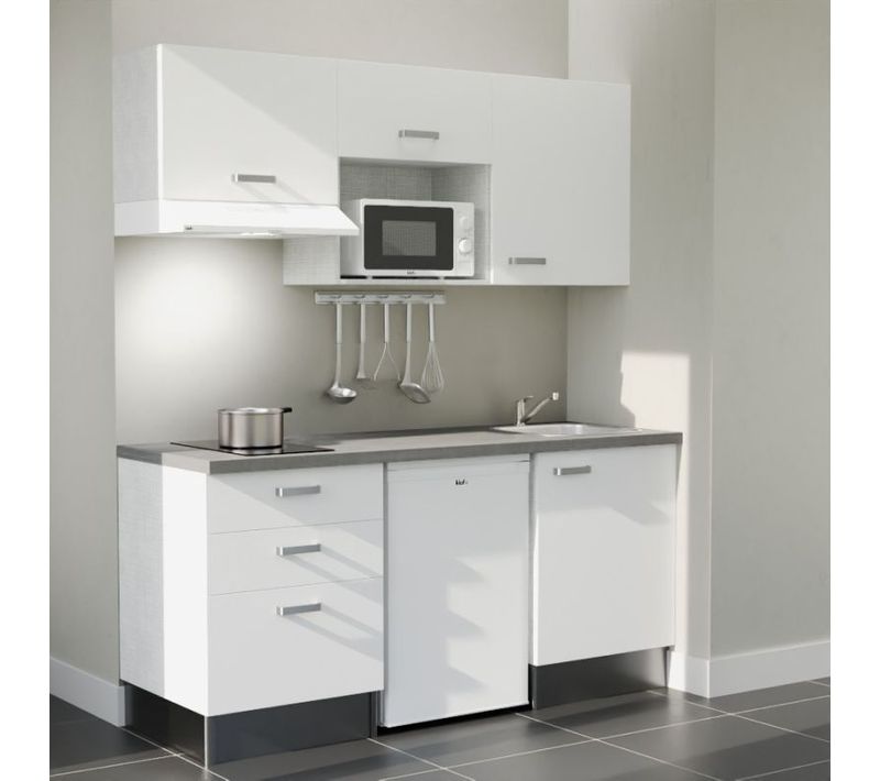 Kitchenette K20 - Façades : Blanc - Plan Travail : Gris Béton - Crédences : Non - électro : Blanc