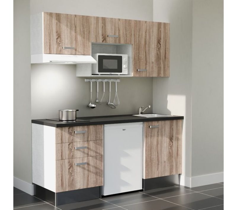 Kitchenette K20 - Façades : Bois - Plan Travail : Noir Texturé - Crédences : Non - électro : Blanc