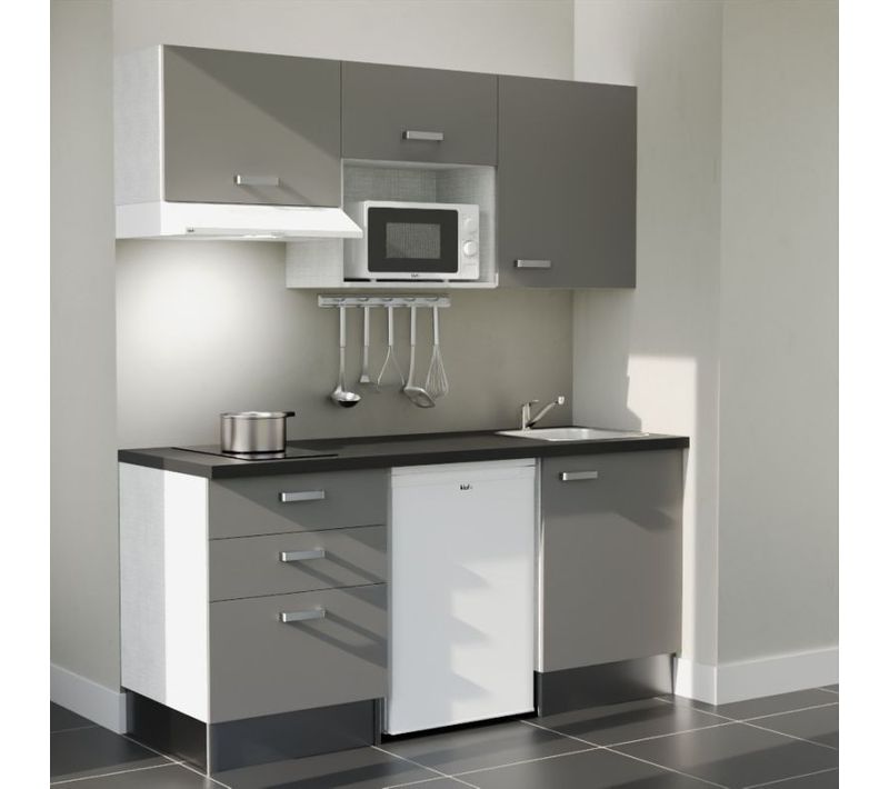 Kitchenette K20 - Façades : Gris - Plan Travail : Noir Texturé - Crédences : Non - électro : Blanc