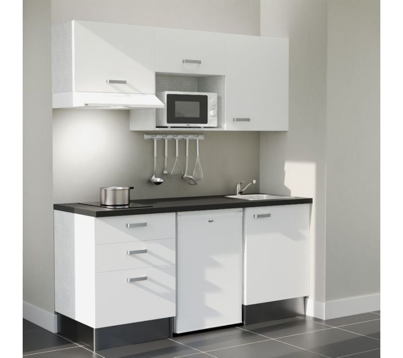 Kitchenette K20l-pt - 180 Cm-façade Blanc-plan Noir Texturé-evier Inox-crédences Non+electro Blanc
