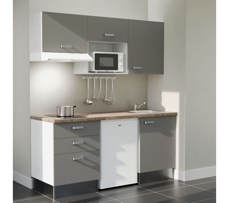 Kitchenette K20 - Façades : Gris - Plan Travail : Bois - Crédences : Non - électro : Blanc