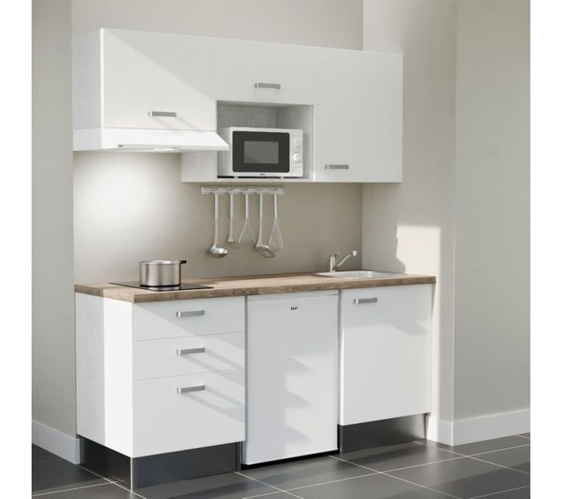 Kitchenette K20l-pt - 180 Cm-façade Blanc-plan Bois-evier Inox-crédences Non+electro Blanc