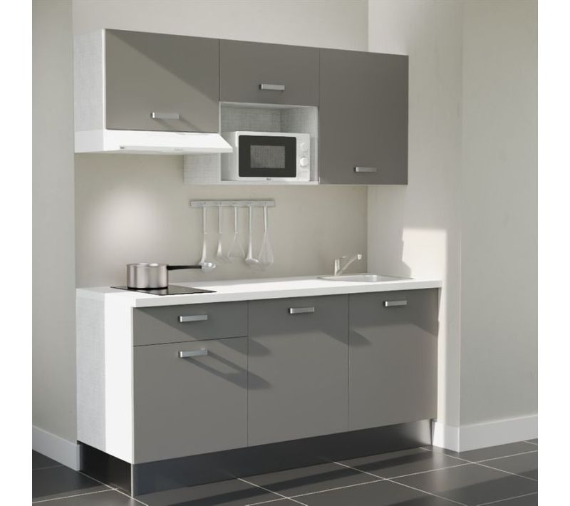 Kitchenette K30l-pt - 180 Cm-façade Gris-plan Blanc-evier Inox-crédences Non+electro Blanc
