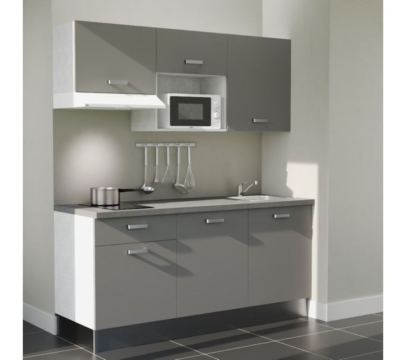 Kitchenette K30l-pt - 180 Cm-façade Gris-plan Gris Béton-evier Inox-crédences Non+electro Blanc