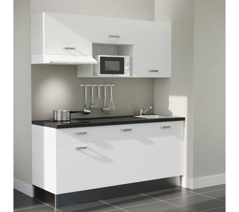 Kitchenette K30l-pt - 180 Cm-façade Blanc-plan Noir Texturé-evier Inox-crédences Non+electro Blanc