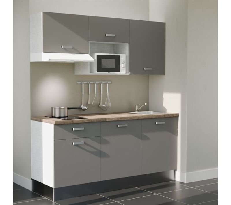 Kitchenette K30 - Façades : Gris - Plan Travail : Bois - Crédences : Non - électro : Blanc
