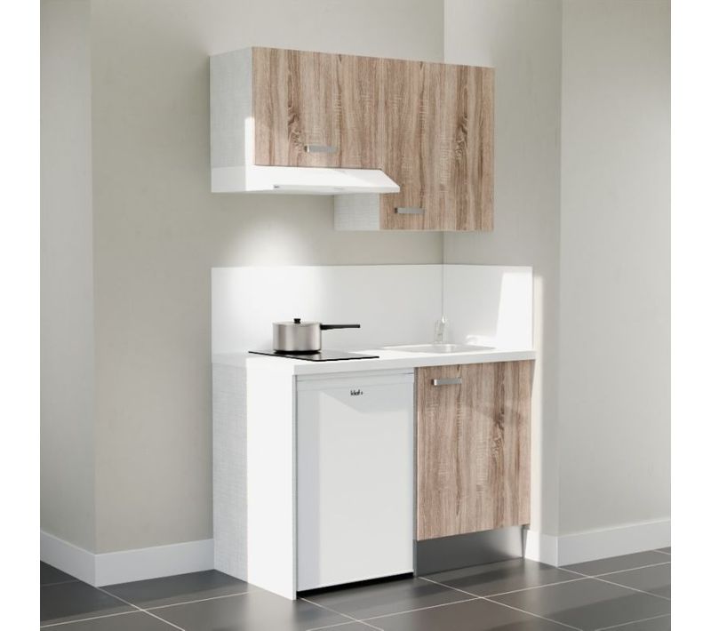 Kitchenette K01 - Façades : Bois - Plan Travail : Blanc - Crédences : Oui - électro : Blanc