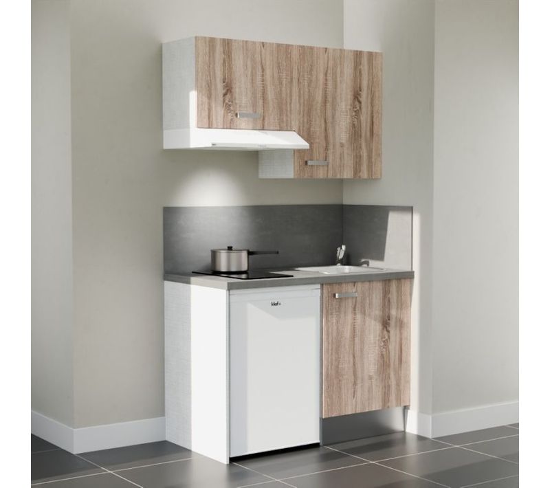 Kitchenette K01 - Façades : Bois - Plan Travail : Gris Béton - Crédences : Oui - électro : Blanc