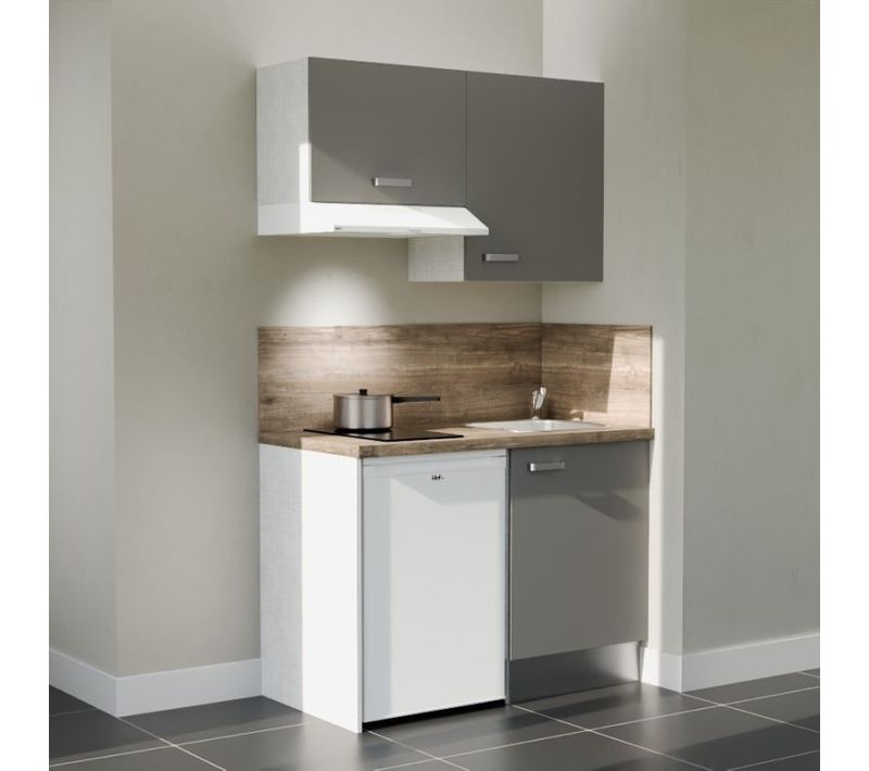 Kitchenette K01 - Façades : Gris - Plan Travail : Bois - Crédences : Oui - électro : Blanc