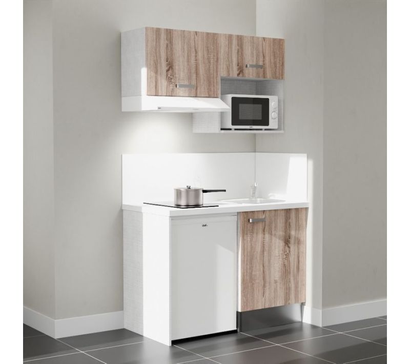 Kitchenette K02 - Façades : Bois - Plan Travail : Blanc - Crédences : Oui - électro : Blanc