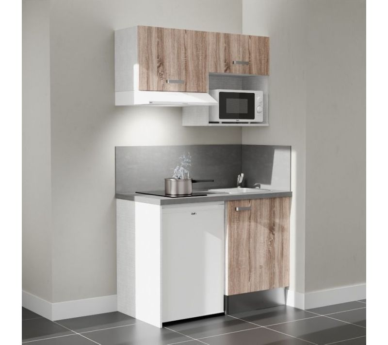 Kitchenette K02 - Façades : Bois - Plan Travail : Gris Béton - Crédences : Oui - électro : Blanc