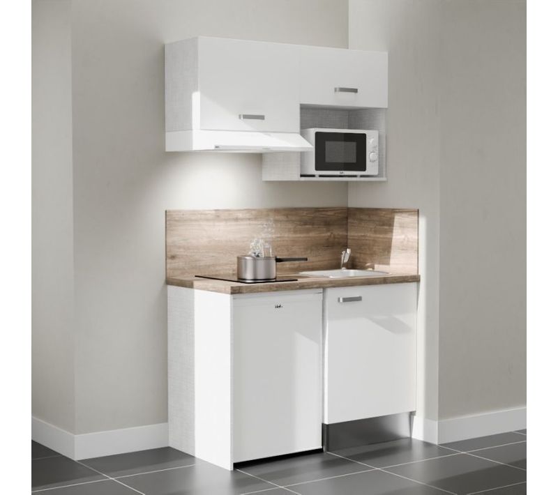 Kitchenette K02l-pt - 120 Cm-façade Blanc-plan Bois-evier Inox-crédences Oui+electro Blanc