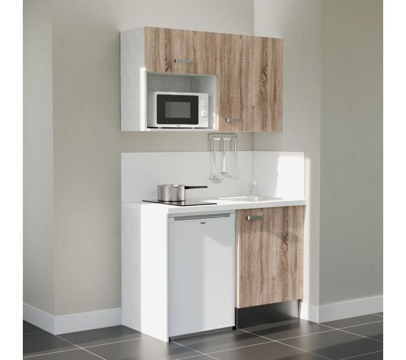 Kitchenette K07l-pt - 120 Cm-façade Bois-plan Blanc-evier Inox-crédences Oui+electro Blanc