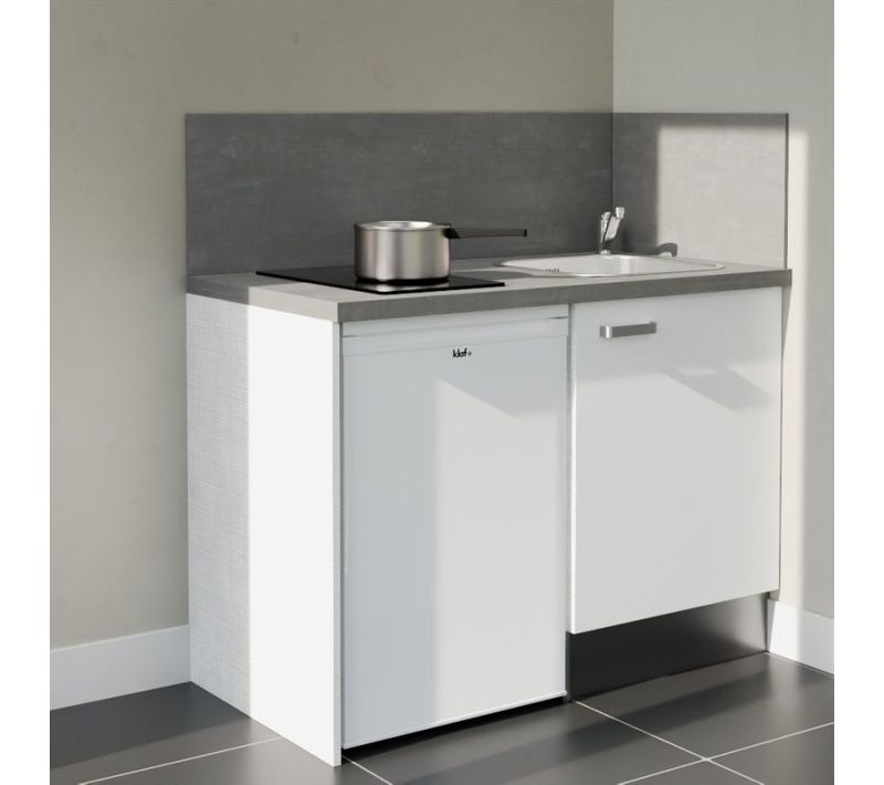 Kitchenette K08 - Façades : Blanc - Plan Travail : Gris Béton - Crédences : Oui - électro : Blanc