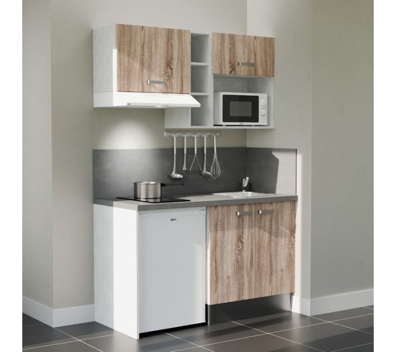 Kitchenette K13 - Façades : Bois - Plan Travail : Gris Béton - Crédences : Oui - électro : Blanc