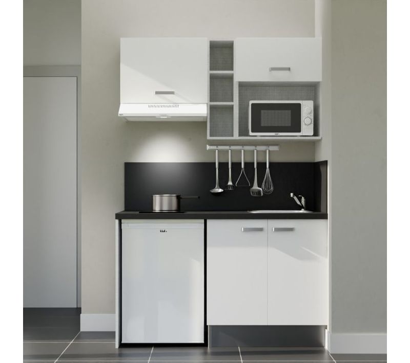 Kitchenette K13 - Façades : Blanc - Plan Travail : Noir Texturé - Crédences : Oui - Électro : Blanc