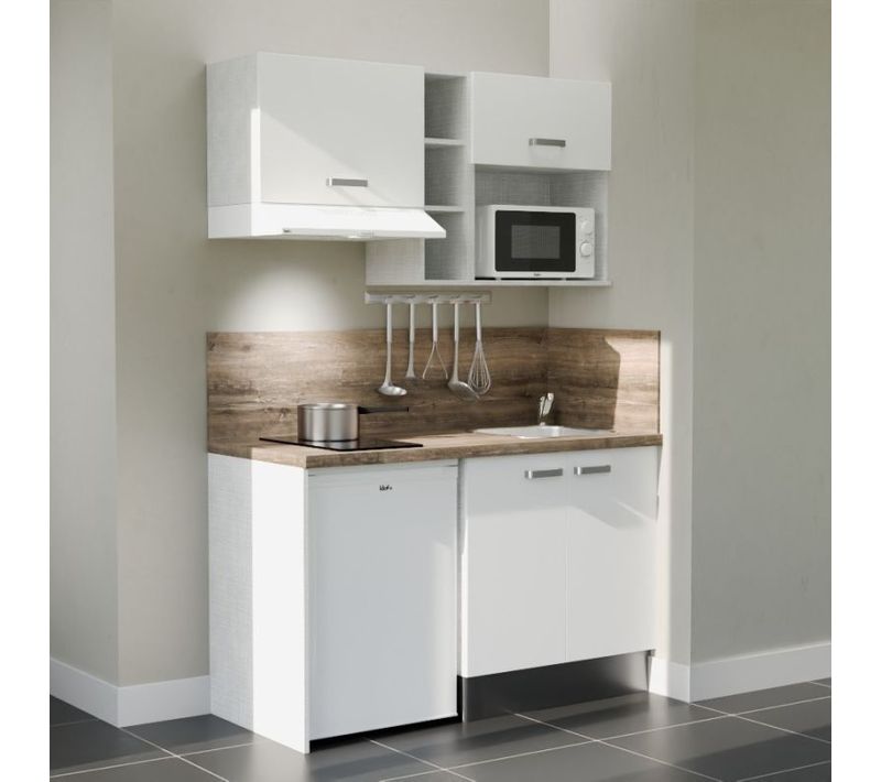 Kitchenette K13 - Façades : Blanc - Plan Travail : Bois - Crédences : Oui - Électro : Blanc