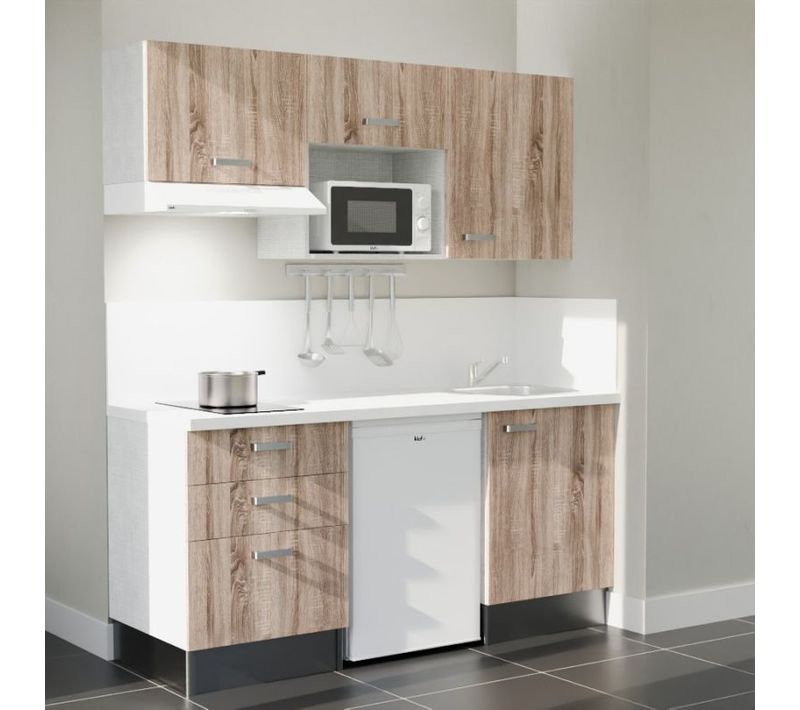Kitchenette K20 - Façades : Bois - Plan Travail : Blanc - Crédences : Oui - électro : Blanc