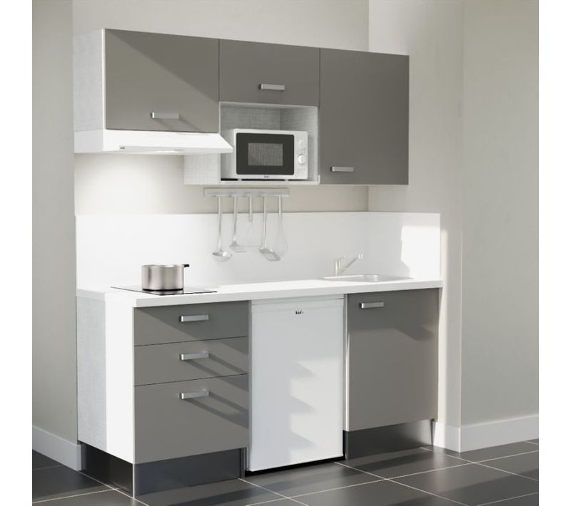 Kitchenette K20 - Façades : Gris - Plan Travail : Blanc - Crédences : Oui - électro : Blanc