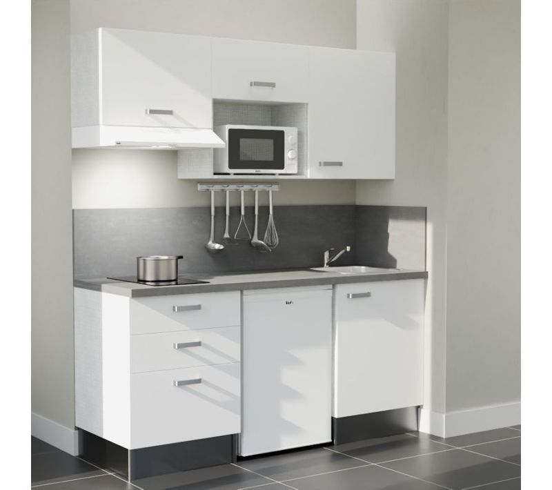 Kitchenette K20 - Façades : Blanc - Plan Travail : Gris Béton - Crédences : Oui - électro : Blanc