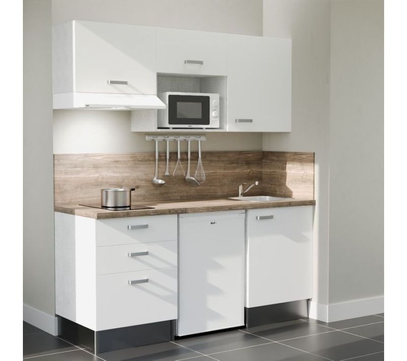 Kitchenette K20l-pt - 180 Cm-façade Blanc-plan Bois-evier Inox-crédences Oui+electro Blanc