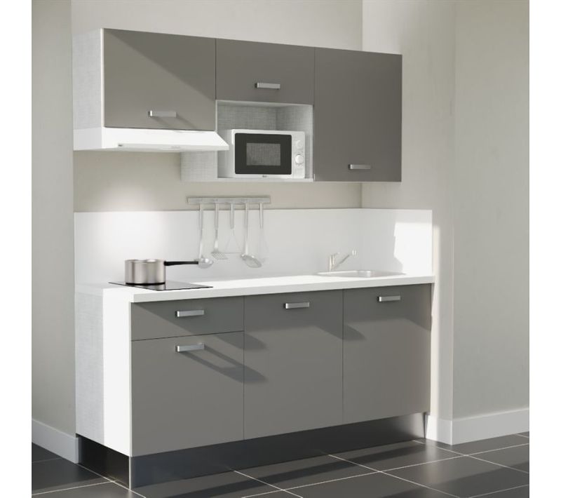 Kitchenette K30l-pt - 180 Cm-façade Gris-plan Blanc-evier Inox-crédences Oui+electro Blanc