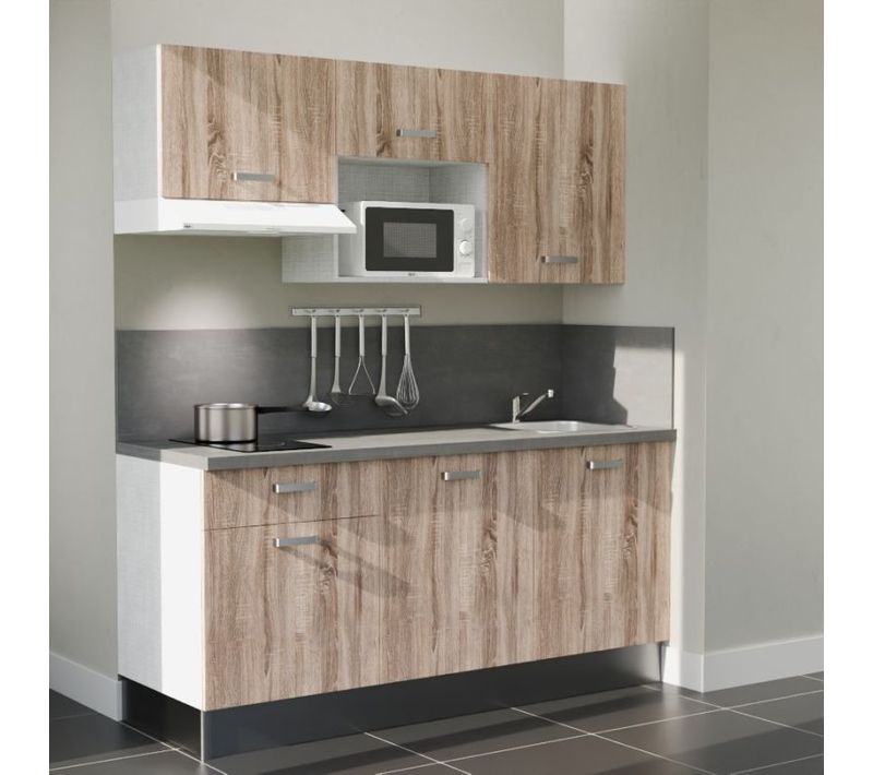 Kitchenette K30l-pt - 180 Cm-façade Bois-plan Gris Béton-evier Inox-crédences Oui+electro Blanc