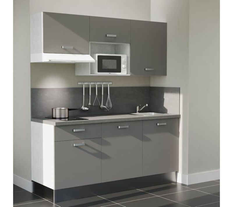 Kitchenette K30l-pt - 180 Cm-façade Gris-plan Gris Béton-evier Inox-crédences Oui+electro Blanc