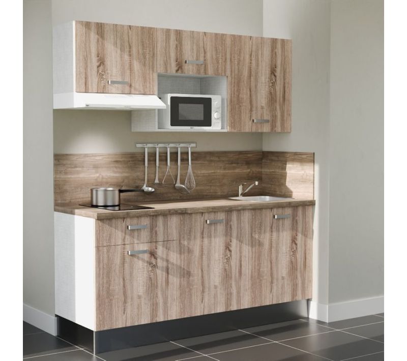 Kitchenette K30 - Façades Bois - Plan Stratifié Bois - Crédences : Oui - Électroménager Blanc Inclus