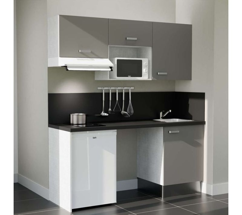 Kitchenette K55l-pt - 180 Cm-façade Gris-plan Noir Texturé-evier Inox-crédences Oui+electro Blanc