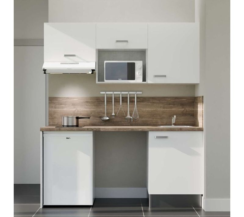Kitchenette K55l-pt - 180 Cm-façade Blanc-plan Bois-evier Inox-crédences Oui+electro Blanc