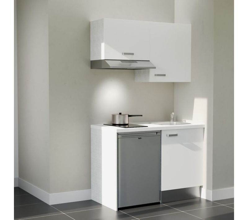 Kitchenette K01l-pt - 120 Cm-façade Blanc-plan Blanc-evier Inox-crédences Non+electro Inox