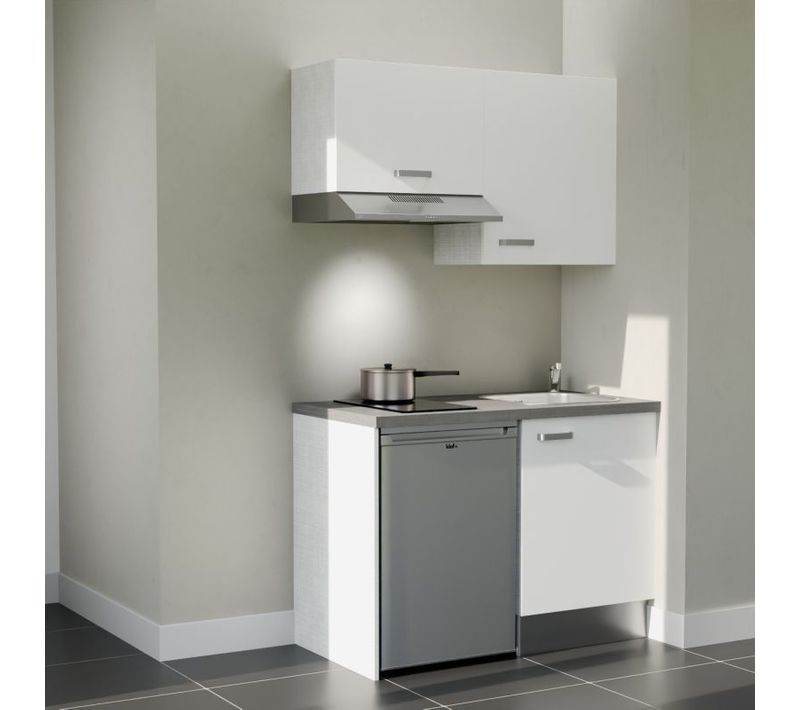 Kitchenette K01l-pt - 120 Cm-façade Blanc-plan Gris Béton-evier Inox-crédences Non+electro Inox
