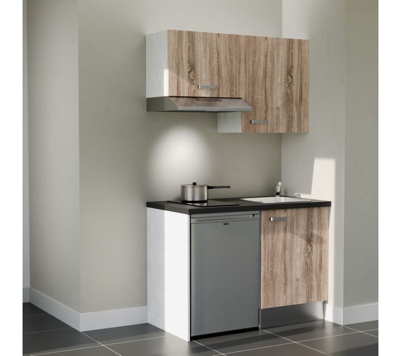 Kitchenette K01 - Façades : Bois - Plan Travail : Noir Texturé - Crédences : Non - électro : Inox