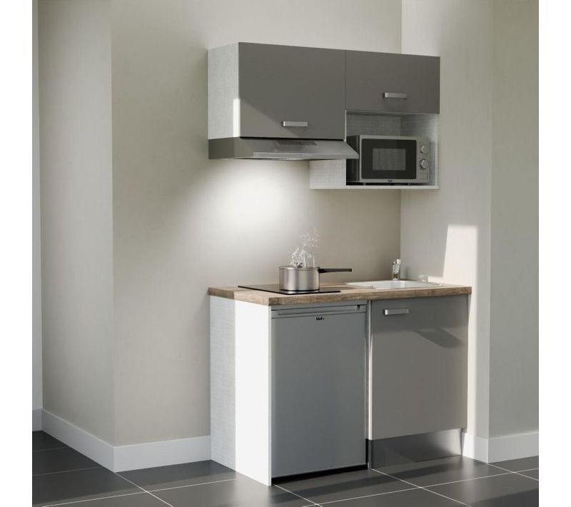 Kitchenette K02 - Façades : Gris - Plan Travail : Bois - Crédences : Non - électro : Inox