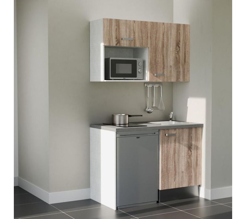 Kitchenette K07 - Façades : Bois - Plan Travail : Gris Béton - Crédences : Non - électro : Inox