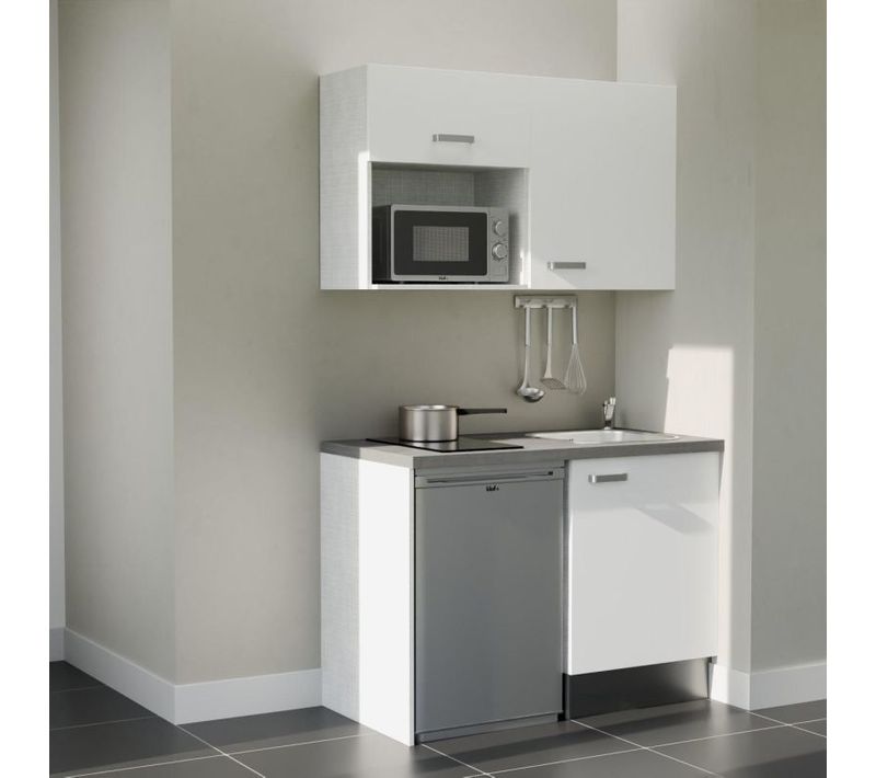Kitchenette K07l-pt - 120 Cm-façade Blanc-plan Gris Béton-evier Inox-crédences Non+electro Inox