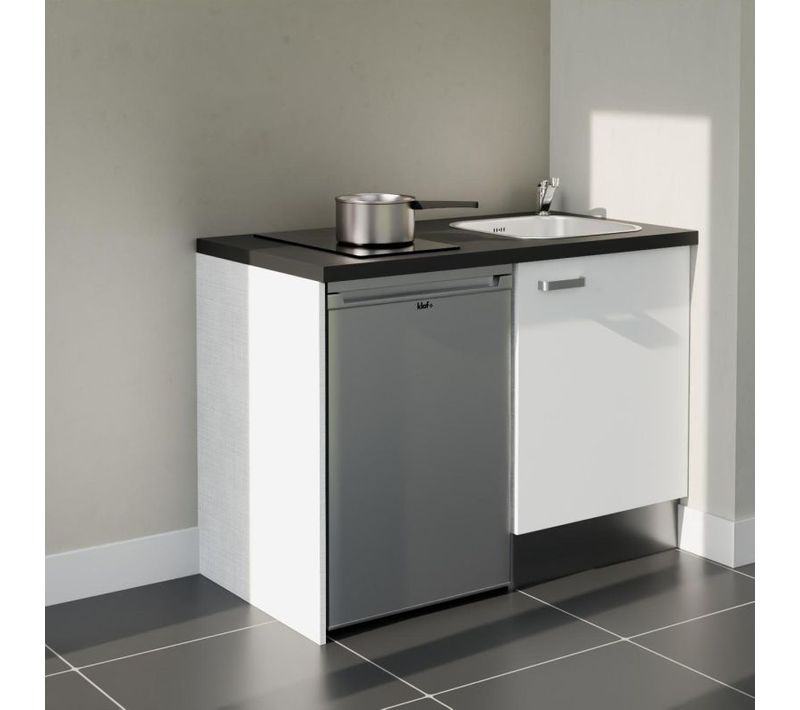 Kitchenette K08 - Façades : Blanc - Plan Travail : Noir Texturé - Crédences : Non - électro : Inox