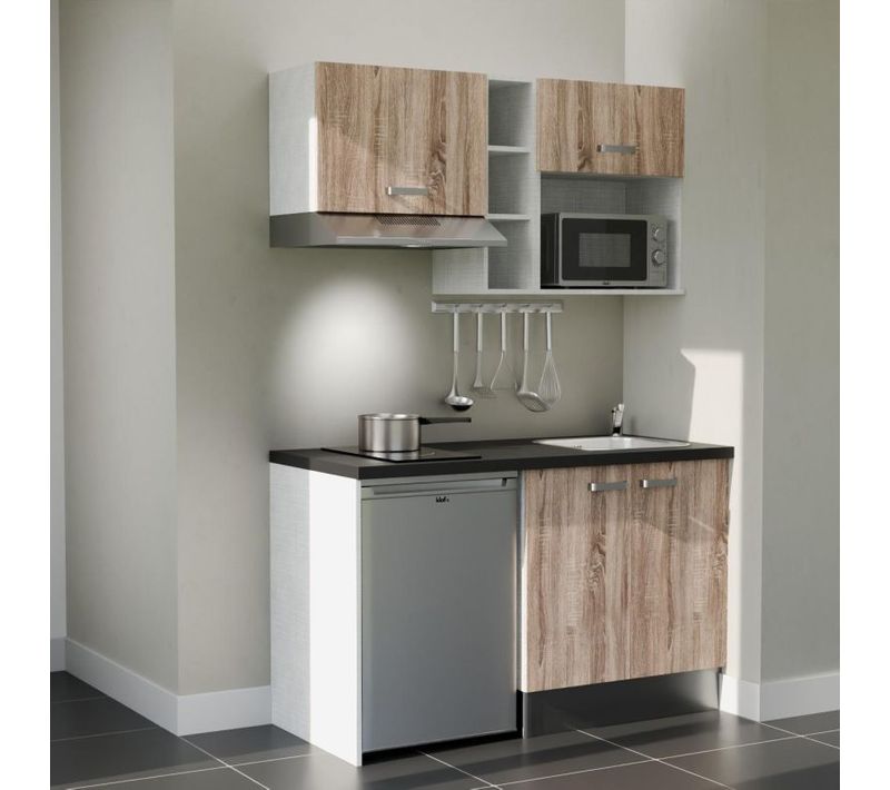 Kitchenette K13 - Façades : Bois - Plan Travail : Noir Texturé - Crédences : Non - électro : Inox