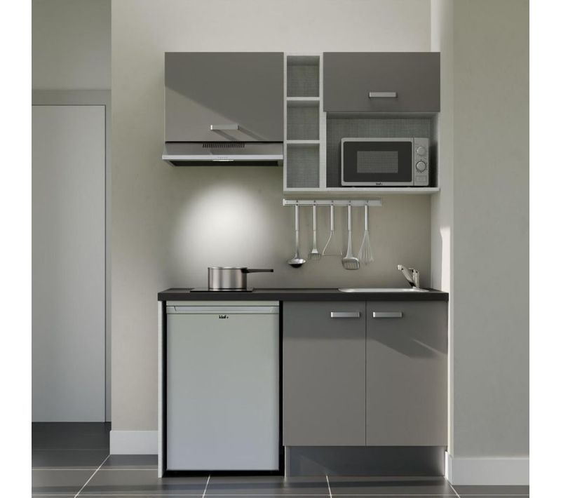 Kitchenette K13 - Façades : Gris - Plan Travail : Noir Texturé - Crédences : Non - Électro : Inox