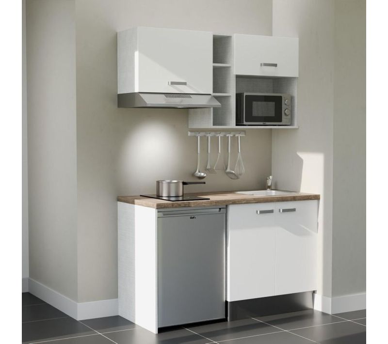 Kitchenette K13 - Façades : Blanc - Plan Travail : Bois - Crédences : Non - électro : Inox