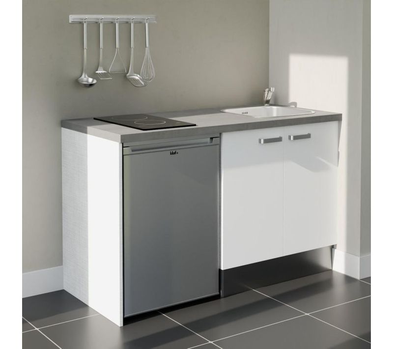 Kitchenette K17l-pt - 140 Cm-façade Blanc-plan Gris Béton-evier Inox-crédences Non+electro Inox