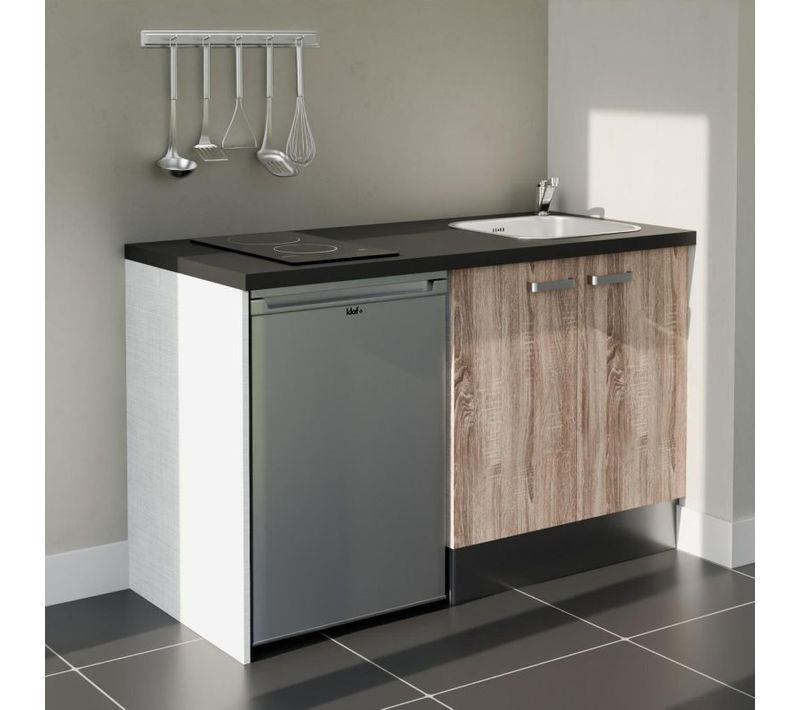 Kitchenette K17l-pt - 140 Cm-façade Bois-plan Noir Texturé-evier Inox-crédences Non+electro Inox