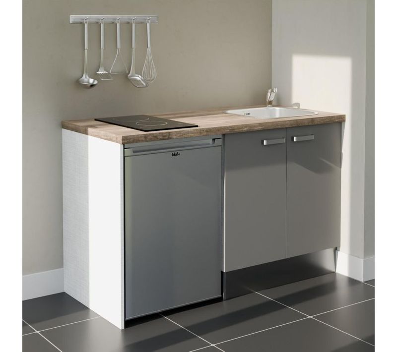Kitchenette K17 - Façades : Gris - Plan Travail : Bois - Crédences : Non - électro : Inox