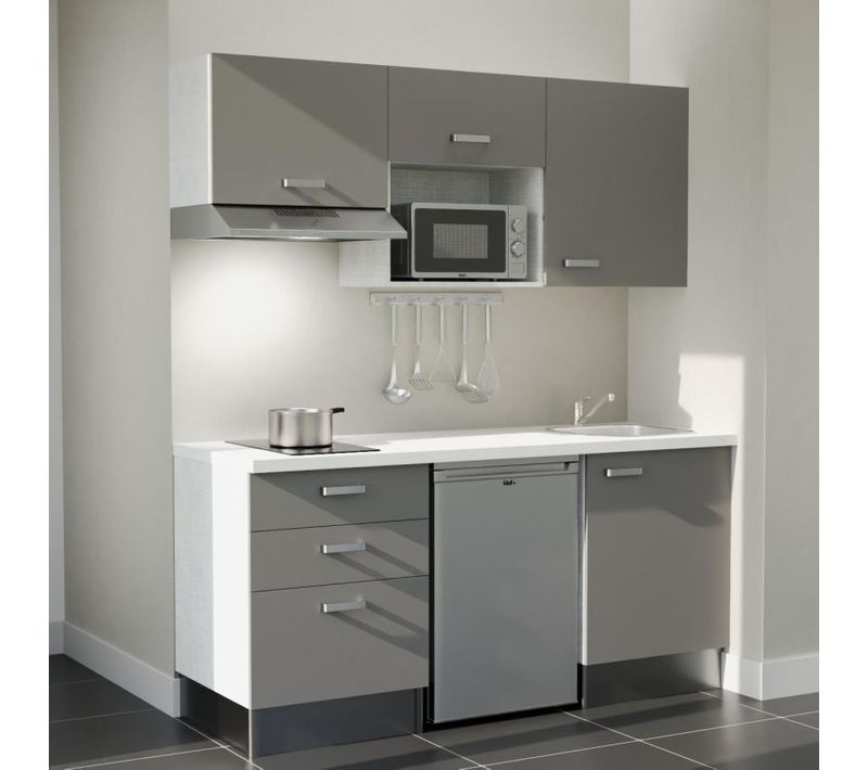 Kitchenette K20 - Façades : Gris - Plan Travail : Blanc - Crédences : Non - électro : Inox