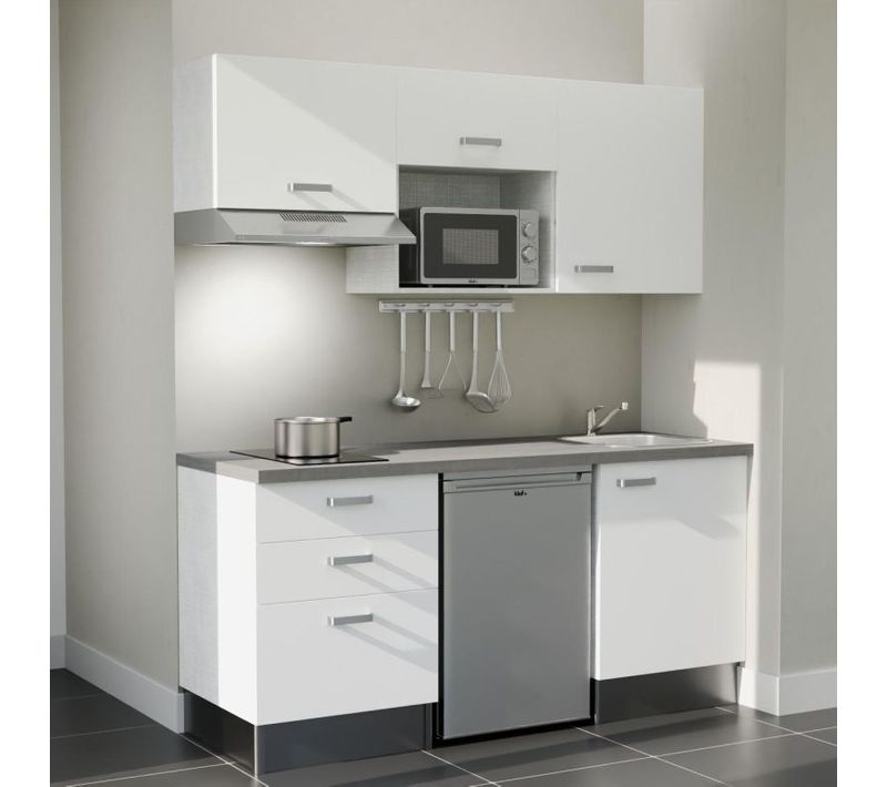 Kitchenette K20 - Façades : Blanc - Plan Travail : Gris Béton - Crédences : Non - électro : Inox