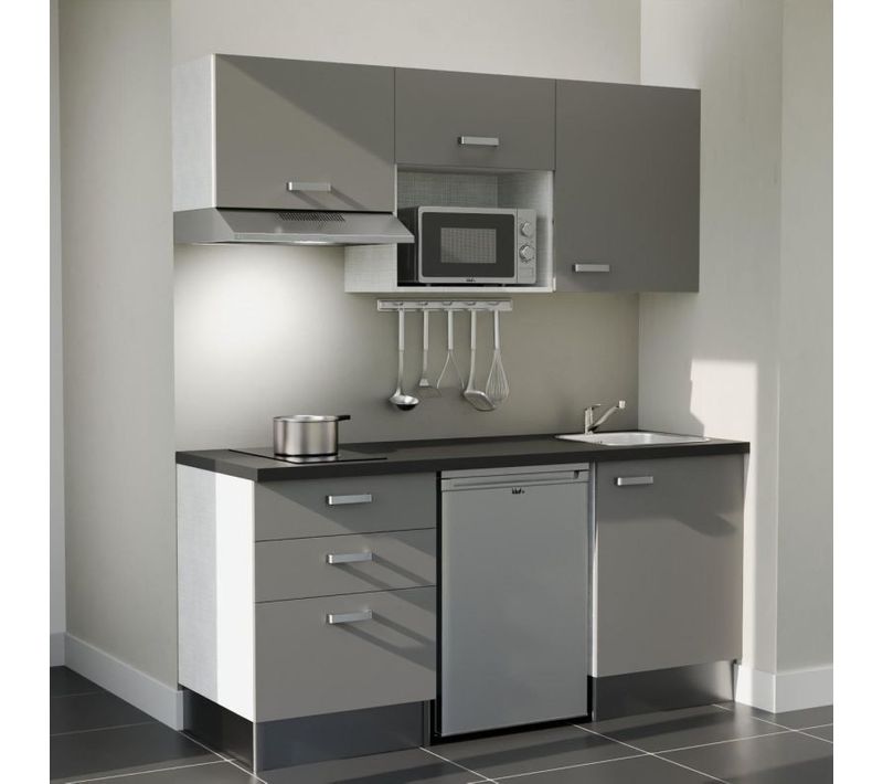 Kitchenette K20l-pt - 180 Cm-façade Gris-plan Noir Texturé-evier Inox-crédences Non+electro Inox