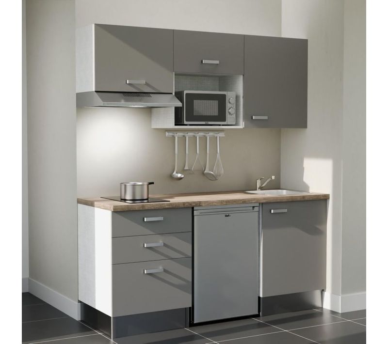 Kitchenette K20 - Façades : Gris - Plan Travail : Bois - Crédences : Non - électro : Inox