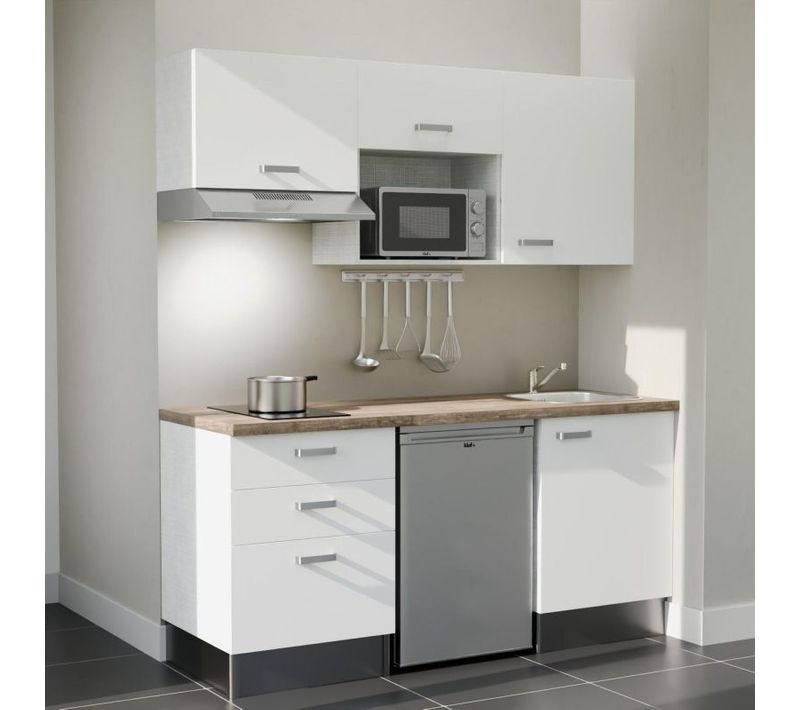 Kitchenette K20 - Façades : Blanc - Plan Travail : Bois - Crédences : Non - électro : Inox